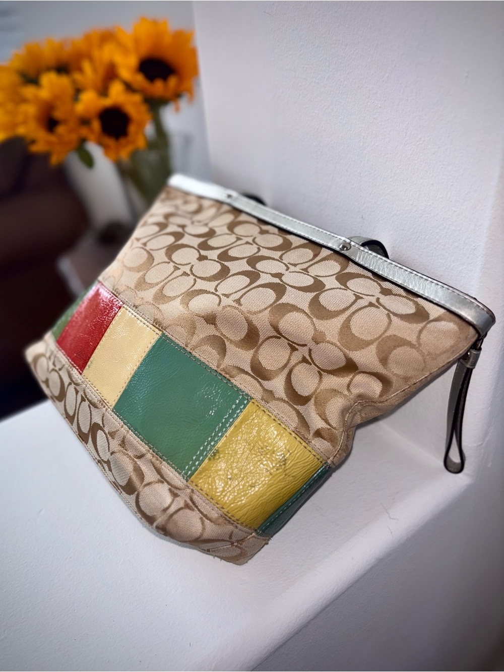 Coach Signature Stripe Tote Bag Khaki Multi Canvas Colorblock Tote Boho Chic - Picture 7 of 11